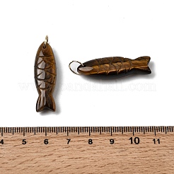 天然タイガーアイ彫刻ペンダント  魚のチャーム  304ステンレススチール製丸カン付き  ゴールドカラー  33.5~34.5x10.5x7~7.5mm  穴：7mm&nbsp;G-G314-01G-02