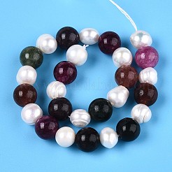 Dyed Natural White Jade Round & Natural Cultured Freshwater Pearl Grooved Potato Beads Strands&nbsp;PEAR-N019-04