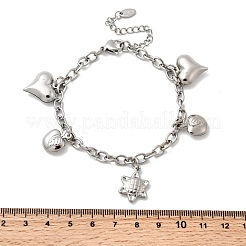 304ステンレススチールチャームブレスレット  花とハートとフルーツ  ステンレス鋼色  7-1/2インチ（19.1cm）&nbsp;BJEW-P368-06A-P