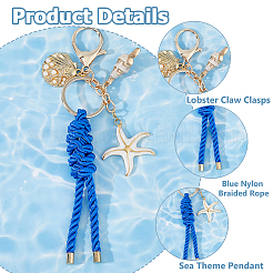 2Pcs Ocean 304 Stainless Steel Enamel & Alloy & ABS Plastic Pearl & Spiral Shell & Nylon Thread Shell Shape Starfish Keychains&nbsp;KEYC-HS00009