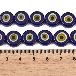 手作りのナザールボンジュウのランプワークビーズ  フラットラウンド  ミッドナイトブルー  11.5~12.5x5.5~5.8mm  穴：1.4mm  約32個/連  14.17インチ（36cm）&nbsp;LAMP-C028-02F