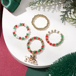 クリスマステーマのガラスシードビーズストレッチリングセット  女性用真鍮ビーズ＆合金ペンダント指輪  ミックスカラー  3.5mm  内径：19mm  4個/セット&nbsp;RJEW-TA00163