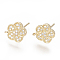 Brass Stud Earring Findings, Cadmium Free & Lead Free, with Cubic Zirconia and Loop, Flower, Clear, Golden, 11x9.5mm, Hole: 1mm, Pin: 0.8mm