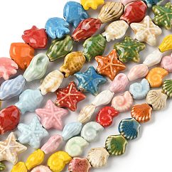 Handmade Porcelain Beads, Ocean Theme, Bright Glazed Porcelain, Mixed Shapes, 13.5~21.5x10~22x5~10mm, Hole: 1.8~2.4mm, about 20~27pcs/strand, 13.78~15.94 inch(35~40.5cm)