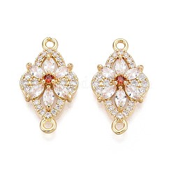 Brass Pave Clear and Orange Red Cubic Zirconia Connector Charms, Flower Links, Long-Lasting Plated, Golden, 13x24x4.5mm, Hole: 1.6~1.8mm