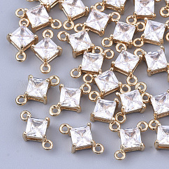 透明ガラスリンクコネクター  真鍮パーツ  多面カット  菱形  ライトゴールド  透明  11x7x4mm  穴：1mm  辺の長さ：5mm