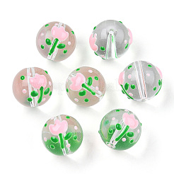 エナメルビーズ入り透明ガラス  花模様の丸  ピンク  13x12x11mm  穴：1.2~1.5mm&nbsp;LAMP-T011-20A