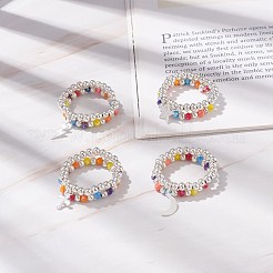 2Pcs 2 Style Glass & Brass Beaded Stretch Finger Rings with Charms for Women&nbsp;RJEW-JR00480