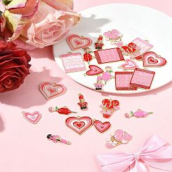 24個 12スタイル バレンタインデーラック メッキ合金エナメルペンダント  カドミウムフリー＆ニッケルフリー＆鉛フリー  ライトゴールド  混合図形  ミックスカラー  13~33x11x30x1.5~4mm  穴：1.6~2mm  2個/スタイル&nbsp;ENAM-FS0002-56