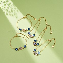 クリスタル ラインストーン & レジン イービル アイ リンク スライダー ブレスレット  女性のための金メッキ真鍮ジュエリー  ブルー  混合模様  7-1/8~7-1/4インチ（18~18.5cm）&nbsp;BJEW-JB08630