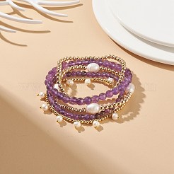 5 個 5 スタイル天然アメジスト & 真鍮ビーズ ストレッチ ブレスレット セット  女性のための天然真珠のチャームの積み重ね可能なブレスレット  内径：2~2-1/4インチ（5.2~5.6cm）  1個/スタイル&nbsp;BJEW-JB08870-01