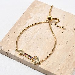 真鍮マイクロパヴェキュービックジルコニアスライダーブレスレット  女性用ベネチアンチェーンブレスレット  月＆星  18KGP本金メッキ  10-7/8インチ（27.7cm）&nbsp;BJEW-S163-01A-G