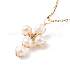 Natural Green Aventurine & Pearl Braided Cross Pendant Necklace&nbsp;NJEW-JN03920-02