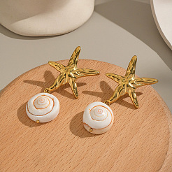 304 Stainless Steel Starfish with Shell Shape Dangle Stud Earrings&nbsp;JP3021