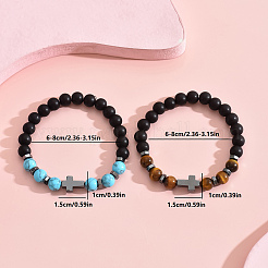 2Pcs 2 Styles Matte Natural Black Obsidian & Tiger Eye & Synthetic Turquoise Round Beads Stretch Bracelets&nbsp;IH5408