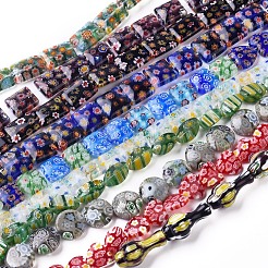 手作りミッレフィオーリガラスビーズ連売り  混合図形  ミックスカラー  7.5~21x4~22x2.5~8mm  穴：1~2mm  14.1インチ〜16.5インチ（36~42cm）&nbsp;LK-F011-01