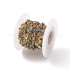 本物の 18k ゴールド メッキの真鍮の楕円形とフラット ラウンド リンク チェーン  ガラスビーズ  ハンダ付け  スプールで  鉛フリー＆カドミウムフリー＆ニッケルフリー  ブルー  10x4.5x1.7mm  15x2.5x0.3mm&nbsp;CHC-F844-10D