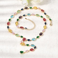 Brass Pave Colorful Cubic Zirconia Geometric Link Chain Necklaces&nbsp;NJEW-C111-03C