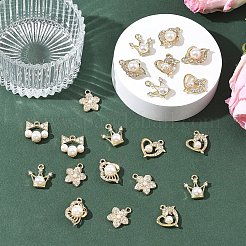 25個 5スタイル合金、ラインストーンペンダント付き  ABSの模造パールと  ミックスシェイプチャーム  ゴールドカラー  17.5~21.5x15~18x3.5~8mm  穴：1.6~2mm  5個/スタイル&nbsp;FIND-YW0013-01