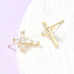 クロス真鍮マイクロパヴェクリアキュービックジルコニアスタッドピアス  カドミウムフリー＆鉛フリー  長持ちメッキ  ラックめっき  18KGP本金メッキ  13.5x9.5mm&nbsp;EJEW-C186-18G-02