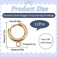 201ステンレススチール製ハギーフープピアス金具12個  水平ループと316サージカルステンレススチールピン付き  24KGP本金メッキ  18ゲージ  18x15x2.5mm  穴：2.5mm  ピン：1mm&nbsp;STAS-SC0007-98G