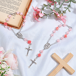 2Pcs Alloy Virgin Cross & Synthetic Coral Rose Flower Rosary Hanging Ornaments for Car Decor&nbsp;HJEW-SC0003-43
