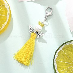 エンジェルガラスパール＆ミユキシードビーズ＆ポリコットンタッセルペンダントデコレーション  バックパックの装飾用  きいろ  65~74mm&nbsp;HJEW-MZ00198-02