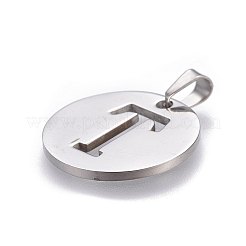 変色しない201ステンレススチールペンダント  アルファベット付きフラットラウンド  ステンレス鋼色  文字t  20x1.3mm  穴：4x3mm&nbsp;STAS-L221-33T