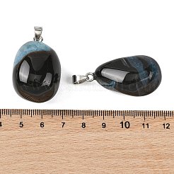 天然染色・加熱加工を施した瑪瑙のタンブルストーンペンダント  304ステンレス鋼のスナップオンベイル付きナゲットチャーム  ステンレス鋼色  ダークターコイズ  33~45x20~24.5x13~23mm  穴：7x4mm&nbsp;GG-K002-07C