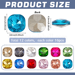 192個12色ガラスラインストーンカボション  正方形  ミックスカラー  10x10x4.5mm  16個/カラー&nbsp;GLAA-PH0004-35