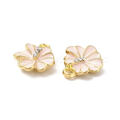 合金エナメルチャーム  クリスタルラインストーン付き  カドミウムフリー＆ニッケルフリー＆鉛フリー  ハイビスカスの花のチャーム  ライトゴールド  ピンク  14x12x4mm  穴：1.6mm&nbsp;X-ENAM-F144-01A