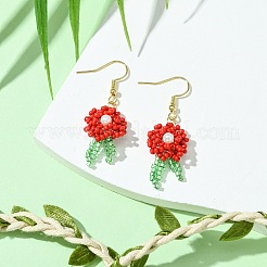 ガラスダングルピアス  シェルパールビーズと304ステンレススチールのピアスフック付き  花  レッド  45~46x16mm&nbsp;EJEW-MZ00316-02