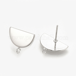 真鍮製スタッドピアスパーツ  カン付き  半円  ニッケルフリー  プラチナメッキ  12.5x16mm  穴：2mm  ピン：0.7mm&nbsp;X-KK-S345-191P