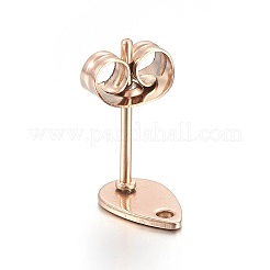 イオンプレーティング（IP）304ステンレススチールスタッドピアス金具  平板付  ティアドロップ  ローズゴールド  8x5x0.6mm  穴：1.2mm  ピン：0.7mm&nbsp;STAS-L211-05A-RG