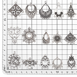 90 個 15 スタイルチベットスタイル合金シャンデリアコンポーネントリンク  混合図形  アンティークシルバー  24~36x15.5~33.5x1~3.5mm  穴：1~2mm  6個/スタイル&nbsp;FIND-PH0005-88
