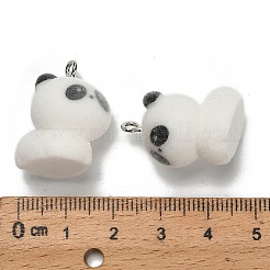 フロッキー不透明樹脂ペンダント  プラチナ鉄ループ付き  パンダ  23x20.5x16.5mm  穴：2mm&nbsp;RESI-I335-01P-03