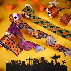ポリエステルリボン  片面ハロウィン段落模様  ギフト包装用  花の弓工芸品の装飾  ミックスカラー  2-1/2インチ（63mm）  6ヤード/ロール  6ロール/セット&nbsp;OCOR-SZC0001-01