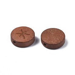 レーザー彫刻された木製ビーズ  星座12個のフラットラウンド  染め  キャメル  魚座  12x4mm  穴：1.6mm&nbsp;WOOD-S053-53I