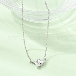 Brass Pave Cubic Zirconia Rectangle and Heart Pendant Cable Chain Necklaces&nbsp;KK-CBAB173-04P-04