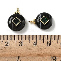 天然の黒縞瑪瑙ペンダント  真鍮のマイクロパヴェキュービックジルコニア留めのフラットラウンドチャーム  長持ちメッキ  ラックめっき  18KGP本金メッキ  カドミウムフリー＆鉛フリー  染め＆加熱  18~18.5x12.5~13x5.5~6.5mm  穴：2.5mm&nbsp;G-H328-08G-D20