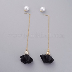 スタッドのピアス  布ペンダント付き  18KGP本金メッキ真鍮スタッドピアス  アメリカンチェーンピアスとアクリル模造真珠ピアスキャッチ  花  ミックスカラー  100mm  ピン：0.6mm&nbsp;EJEW-JE03788