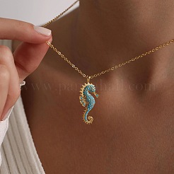 Ocean 304 Stainless Steel Aquamarine Rhinestone Sea Horse Pendant Cable Chain Necklaces for Women&nbsp;WGFC42F-01