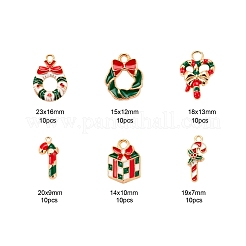 60個6スタイルライトゴールドクリスマステーマアロイエナメルペンダント  ちょう結びとキャンディケインのクリスマスリース  ミックスカラー  10個/スタイル&nbsp;ENAM-LS0001-58
