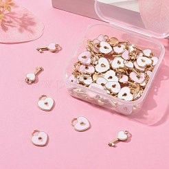 80本4スタイルアロイエナメルチャーム  ハートロック＆キー  ピンクと白  ライトゴールド  13~16x7~11x1.5~2.5mm  穴：3x4mm＆1.8mm  20個/スタイル&nbsp;ENAM-LS0001-11LG