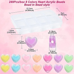 240 個 8 色のハートアクリルビーズ  二層ビーズ  ミックスカラー  7x8x4mm  穴：1.8mm  30個/カラー&nbsp;TACR-YW0001-92