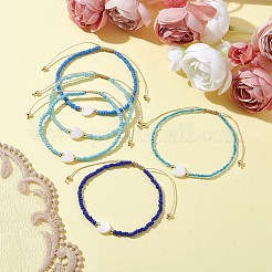 5Pcs 5 Colors Natural Shell Heart & Seed Braided Bead Bracelets Set&nbsp;BJEW-JB10039-01