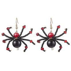 ガラスダングルピアス  天然黒曜石ビーズと304ステンレススチールのピアスフック付き  クモ  ハロウィン用  ゴールドカラー  42.5x43mm&nbsp;EJEW-JE05984