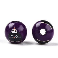 ハロウィーンテーマの木製ヨーロッパビーズ  プリントされた大穴ビーズ  ラウンド  インディゴ  猫の形  15.5~16.5mm  穴：3.5~4.5mm&nbsp;WOOD-N016-04N
