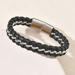 編み込みマイクロファイバーレザーコードブレスレット  男性用304ステンレススチールブレスレット  マグネットクラスプ付き  ブラック  8.39インチ（21.3cm）&nbsp;BJEW-C153-01E