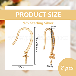 スターリングシルバーのイヤーフック1組925個  ラインストーン付き  ゴールドカラー  21x9.5x2mm  ピン：0.6mm&nbsp;STER-BC0003-59G